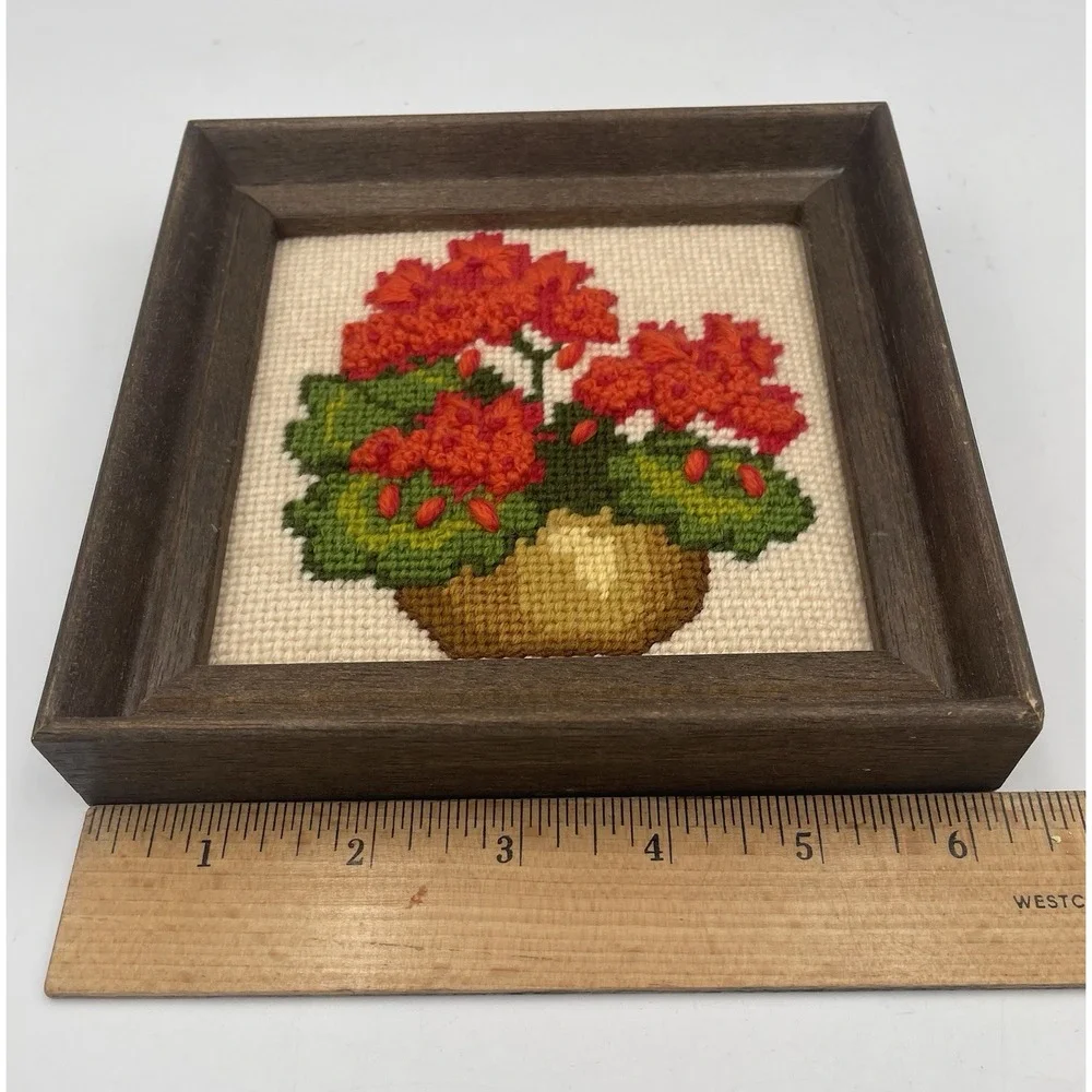 Vtg Floral Crewel Embroidery Framed Wall Art 6 x 6 Cottagecore Red Geraniums MCM